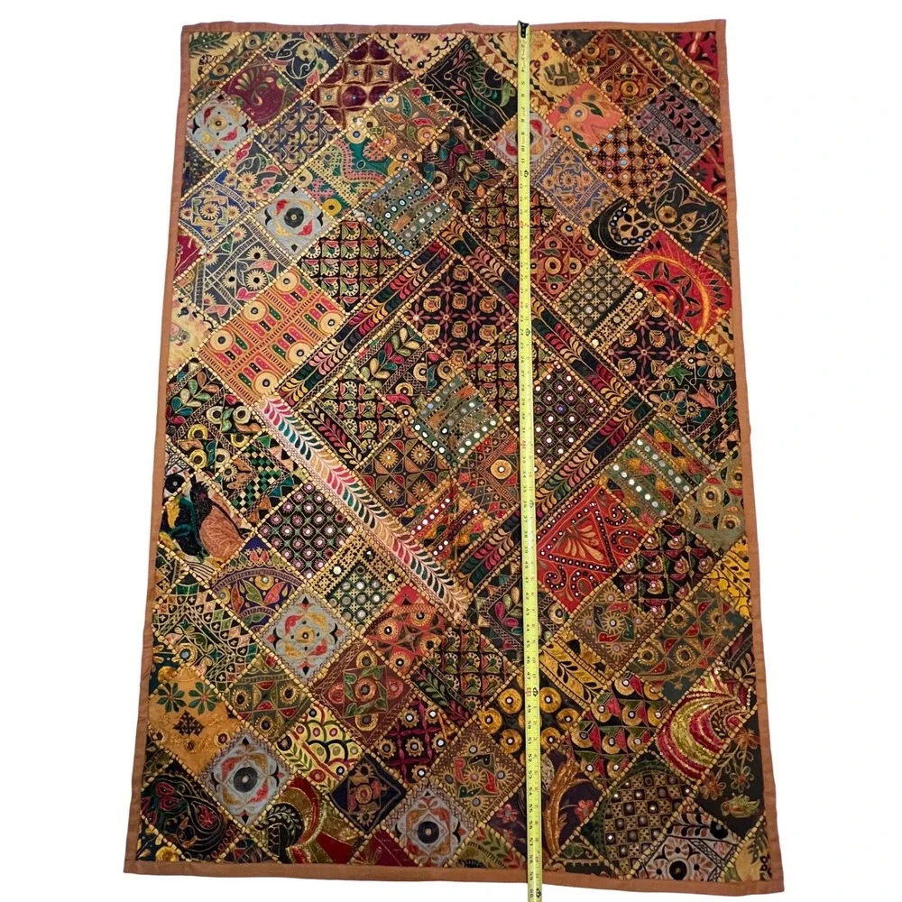 Vintage Indian Sari Patchwork Tapestry Wall Hanging Embroidered Mirror 60x40